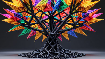 Origami tree with colorful folded paper leaves and black roots symbolizing growth, creativity, and harmony. Ai generated imageの素材