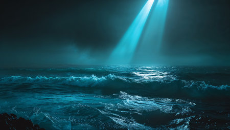Turquoise light beam illuminating dark ocean waves at night creating a dramatic and mysterious. Ai generated imageの素材