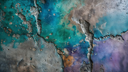 Vibrant colors splashed across a weathered concrete surface, creating an abstract artwork with prominent cracks. Ai generated imageの素材
