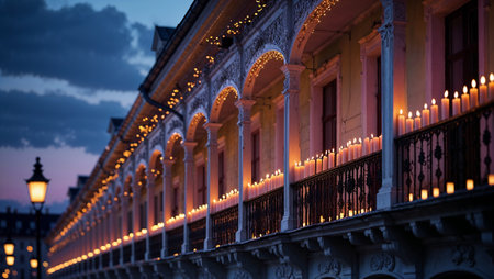 Romantic evening scene with burning candles and string lights decorating balconies of a historic building at dusk. Ai generated imageの素材