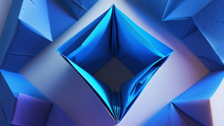 Intricate blue origami diamond surrounded by folded paper pyramids, creating a visually appealing abstract composition. Ai generated imageの素材