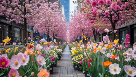 Vibrant blossoms and flowers create a picturesque urban oasis, transforming a city street into a breathtaking spectacle of color and nature. Ai generated imageの素材
