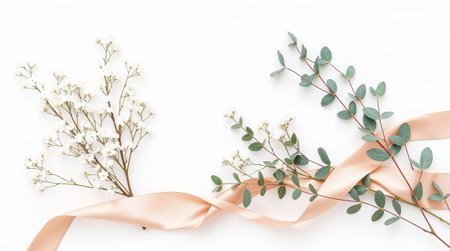 Elegant floral arrangement featuring white flowers, eucalyptus leaves, and a flowing satin ribbon, creating a delicate and romantic aesthetic. Ai generated imageの素材