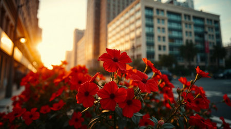 Vibrant red flowers blooming in a city setting during a beautiful sunset. Ai generated imageの素材