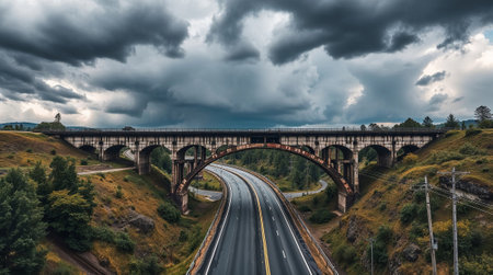 Highway passing under an old concrete arch bridge with a stormy sky in the background. Ai generated imageの素材