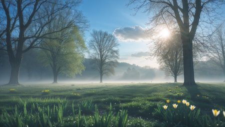Fog covering meadow at sunrise during spring time with fresh green grass and yellow and white flowers. Ai generated imageの素材