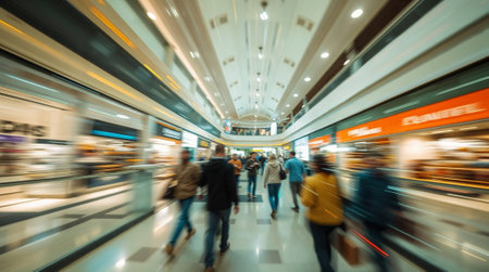 People walking fast in a modern shopping mall creating motion blur effect. Ai generated imageの素材