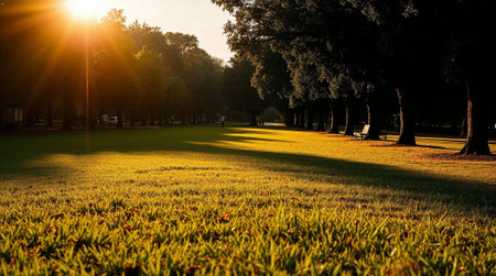 Grass field with trees and a bench bathed in golden sunlight at sunset, creating a serene and peaceful atmosphere. Ai generated imageの素材