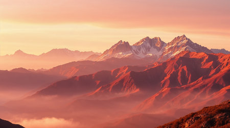 Stunning mountain peaks glow red and orange under a vibrant sunset sky. Ai generated imageの素材