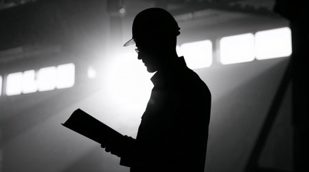 Silhouette of industrial supervisor reading instructions in a large industrial building with backlight. Ai generated imageの素材
