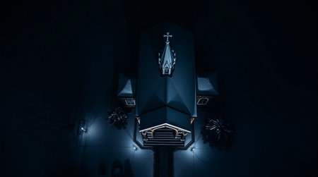 Aerial view of a snow covered church illuminated at night, creating a peaceful and serene atmosphere. Ai generated imageの素材