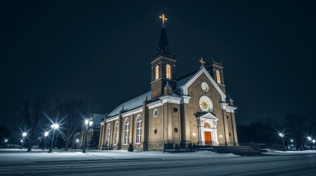 Majestic church standing tall against the dark night sky, its illuminated facade casting a warm glow on the fresh snow. Ai generated imageの素材