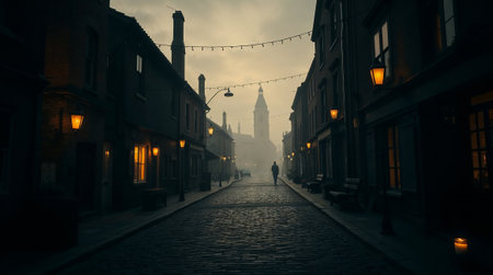Lone figure walks on a misty, lamp lit street at twilight. Ai generated imageの素材