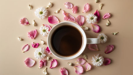 Coffee cup with pink petals and white flowers on a soft background. Ai generated imageの素材
