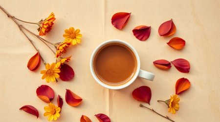 Coffee cup with colorful petals on a soft background. Ai generated imageの素材