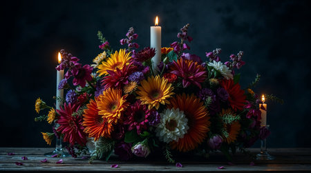 Vibrant bouquet with burning candles creates a warm, inviting atmosphere against a dark backdrop. Ai generated imageの素材