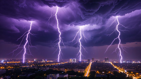 Powerful lightning strikes illuminate a cityscape at night, creating a dramatic scene under a purple sky. Ai generated imageの素材