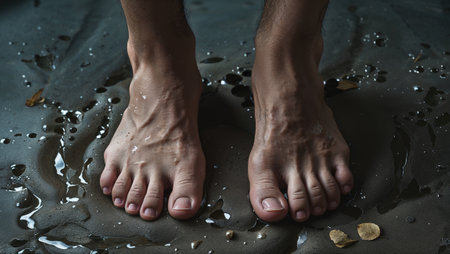 Male feet standing on wet dark ground with small puddles and fallen leaves, creating a moody and atmospheric scene. Ai generated imageの素材