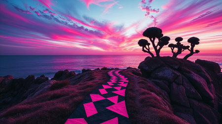 Vibrant pink pathway winding through grassy landscape towards a cluster of dragon trees perched on rocks, overlooking a stunning ocean sunset. Ai generated imageの素材