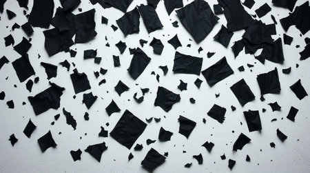 Black torn paper pieces creating an abstract design on a white background, ideal for backgrounds and textures. Ai generated imageの素材