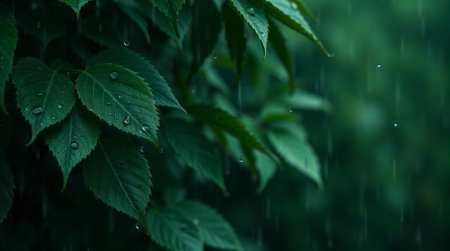 Heavy rain falling on vibrant green leaves creating a refreshing natural scene. Ai generated imageの素材
