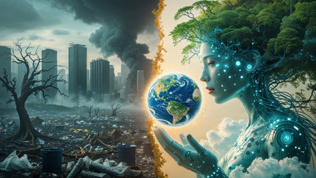 Surreal image depicting mother nature, symbolizing the contrast between a polluted city and a healthy, green environment. Ai generated imageの素材