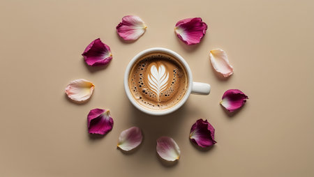 Coffee cup surrounded by pink petals on a beige background. Ai generated imageの素材