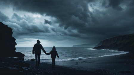Silhouettes of parent and child holding hands while walking along dramatic coastal landscape under stormy sky. Ai generated imageの素材