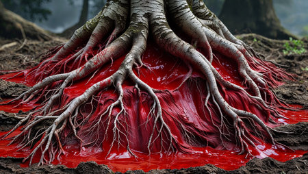 Tree roots absorbing a blood like liquid in a dark forest, creating a disturbing and surreal atmosphere. Ai generated imageの素材