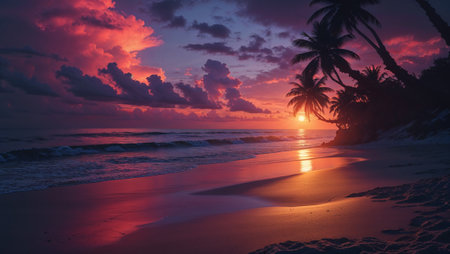 Amazing tropical sunset landscape with colorful sky, palm trees silhouettes and waves reflecting on the wet sand of an exotic beach. Ai generated imageの素材