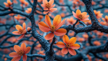 Close up of delicate orange flowers blooming on dark, textured branches, capturing the essence of spring renewal and natural beauty. Ai generated imageの素材
