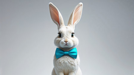 Adorable white rabbit posing elegantly with a stylish blue bow tie, creating a charming and sophisticated image. Ai generated imageの素材