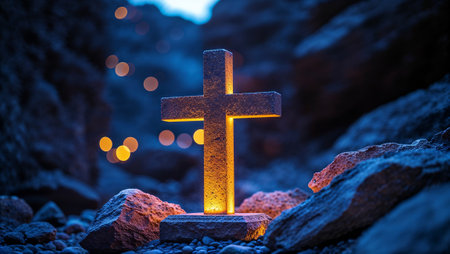 Glowing cross stands in a dark canyon, emanating a warm light, symbolizing hope and faith in the midst of darkness. Ai generated imageの素材