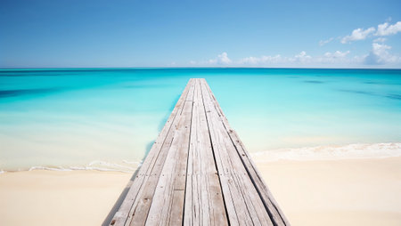 A long wooden pier stretching over pristine aquamarine waters under a clear, sunny sky of tranquility and beauty. AI generated imageの素材