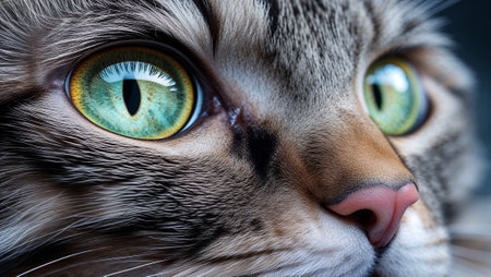 Portrait of a tabby cat showcasing its beautiful green eyes, highlighting the intricate details of its fur and nose. Ai generated imageの素材