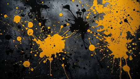 Yellow and black paint splatters creating an abstract design on a gray textured surface. Ai generated imageの素材