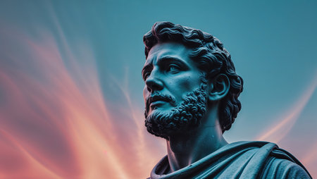 Majestic statue gazing at vibrant sunset, evoking feelings of hope and determination. Ai generated imageの素材