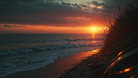 Golden sunset illuminates sandy beach and ocean waves, with dramatic clouds and vegetation in the foreground. Ai generated imageの素材