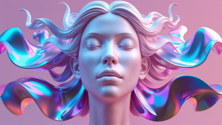 Serene woman with closed eyes and iridescent fabric flowing around her hair, creating a dreamy and surreal atmosphere. Ai generated imageの素材