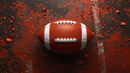 Classic leather ball for american football resting on a field with orange debris and white line, perfect for sports concepts. Ai generated imageの素材