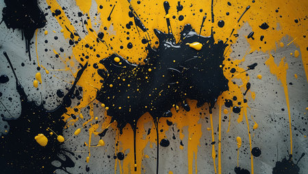 Black and yellow paint dripping and splashing on gray canvas, creating an abstract expressionist artwork with dynamic movement and contrast. Ai generated imageの素材