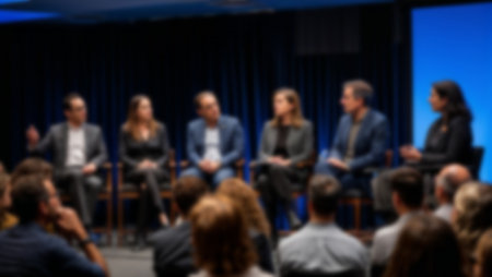 Business professionals sitting and speaking during a conference panel with audience watching. Ai generated imageの素材