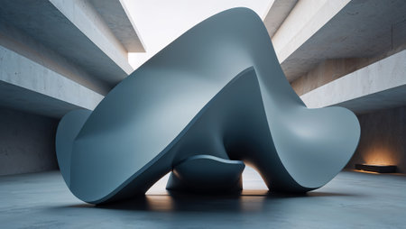 Abstract blue parametric sculpture standing in modern concrete building with warm light. Ai generated imageの素材