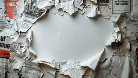 Torn pieces of old newspaper glued to a wall, creating an oval shaped copy space in the center. Ai generated imageの素材