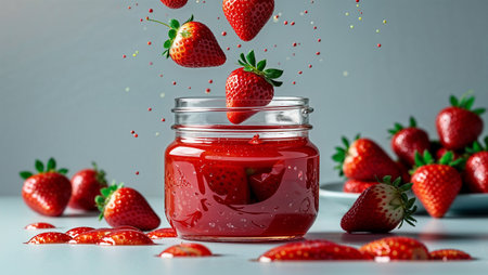 Ripe strawberries falling and splashing into a jar of homemade strawberry jam, creating a vibrant and delicious scene. Ai generated imageの素材