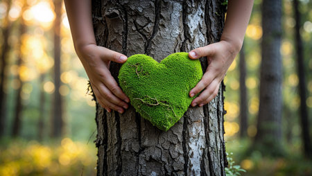 Hands holding a heart shaped moss on a tree trunk, symbolizing love and care for nature and forests. Ai generated imageの素材
