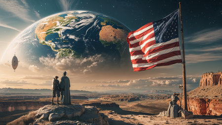 Two travelers observing a giant planet and an American flag waving in a desert canyon landscape with airships. Ai generated imageの素材