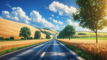 Scenic view of an asphalt road winding through picturesque landscape with golden wheat fields and rolling hills on a sunny summer day. Ai generated imageの素材