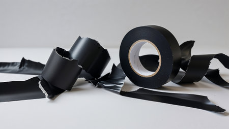 Black insulating tape roll and torn pieces creating abstract composition on white background. Ai generated imageの素材