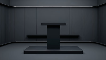 Black podium standing in minimalist room presenting new product during a business meeting. Ai generated imageの素材